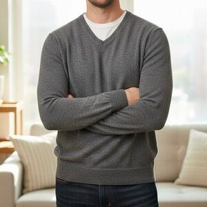 Britches Grey Merino Blend V-Neck Sweater Quiet Luxury Minimalist Classic Office